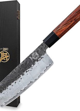 MITSUMOTO SAKARI Nakiri Chef Knife 7 inch - Hand Forged Japanese Kitchen Knives, 3-Layer 9CR18MOV High Carbon Steel, Rosewood Handle & Sandalwood Box