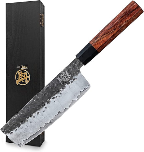 MITSUMOTO SAKARI Nakiri Chef Knife 7 inch - Hand Forged Japanese Kitchen Knives, 3-Layer 9CR18MOV High Carbon Steel, Rosewood Handle & Sandalwood Box