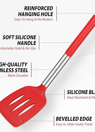 Pack of 4 Large Silicone Cooking Spatulas and Spoons, Slotted and Solid Stainless Steel Cooking Utensils Set, Non-stick Heat Resistant Kitchen for Baking, Fried, Stir-Fry, Mixing, Serving (Red)