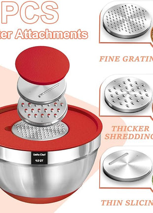 Umite Chef Mixing Bowls with Airtight Lids Set, 8PCS Stainless Steel Nesting Bowls Set, 3 Grater Attachments & Non-Slip Bottoms, Size 5, 4, 3.5, 2, 1.5QT for Baking & Mixing(Colorful)
