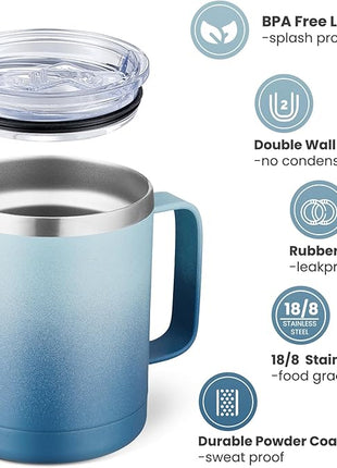 MEWAY 12oz Coffee Mug With Handle 2 Pack Bulk,Stainless Steel Insulated Travel Tumblers With Sliding Lid,Double Wall Vacuum Camping Cup for Hot & Cold Drinks Tea (Bubble Gum&Blue Waves,Set of 2)