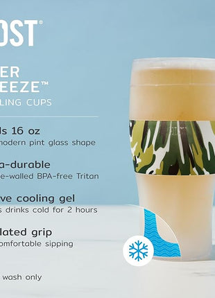 Host FREEZE Beer Glasses, Frozen Beer Mugs, Freezable Pint Glass Set, Insulated Beer Glass to Keep Your Drinks Cold, Double Walled Insulated Glasses, Tumbler for Iced Coffee, 16oz, Green Camo