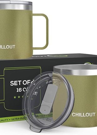 CHILLOUT LIFE Stainless Steel 16 oz (Set of 2) Vacuum Insulated Coffee Mug with Handle and Lid, Large Thermal Camping Coffee Mugs with Sliding Lid for Men & Women