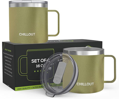 CHILLOUT LIFE Stainless Steel 16 oz (Set of 2) Vacuum Insulated Coffee Mug with Handle and Lid, Large Thermal Camping Coffee Mugs with Sliding Lid for Men & Women