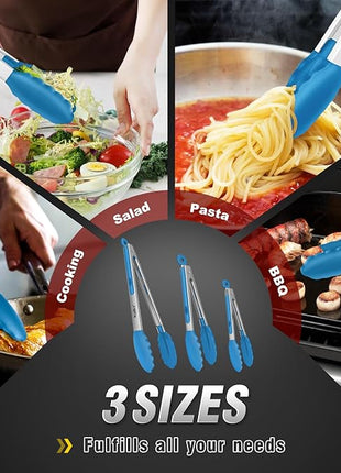 Walfos Kitchen Tongs - 7" 9" and 12" Heat Resistant Food tongs, Thickened Stainless Steel and BPA Free Silicone Tips, Great for Cooking, Grilling, Turning, Dishwasher safe(3 blue silicone tongs)