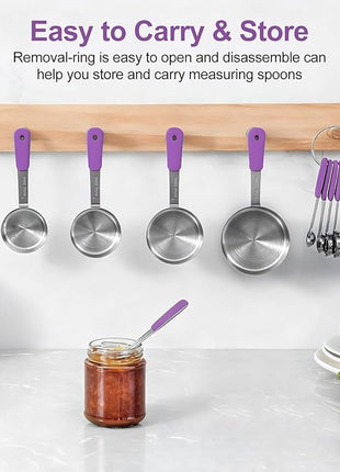 Measuring Cups and Spoons Set Stainless Steel 10 Piece for Cooking and Baking (5 Cups + 5 Spoons, Purple Handle)