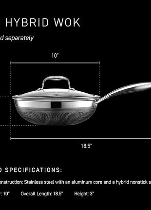 HexClad Hybrid Nonstick 10-Inch Wok, Stay-Cool Handle, Dishwasher-Friendly, Oven-Safe Up to 900°F, Induction Ready, Compatible with All Cooktops