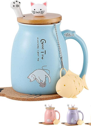 BigNoseDeer Cute Mugs Kawaii Cat Mug Ceramic Coffee Mug Tea Cup with Infuser and Lid Spoon Tea Mug Cute Cool Preppy Stuff Gifts for Women (Blue 13oz)
