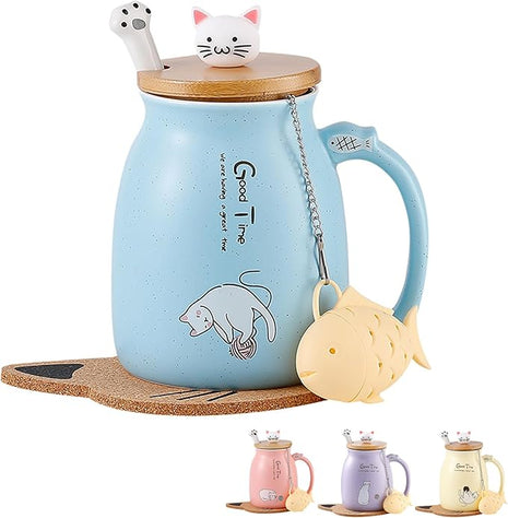 BigNoseDeer Cute Mugs Kawaii Cat Mug Ceramic Coffee Mug Tea Cup with Infuser and Lid Spoon Tea Mug Cute Cool Preppy Stuff Gifts for Women (Blue 13oz)