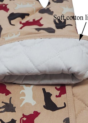 RED LMLDETA Oven Mitts Gloves 1 Pair Heat Resistant 480 ℉ Non Slip Clear Silicone Printed Comfortable Cotton Lining Kitchen Women Men Cooking Barbecue Microwave Machine Washable (Cat, Khaki Mittens)