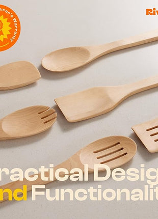 Riveira Maple Wooden Cooking Utensils Set of 6 Premium Non-Toxic Wooden Spoons & Spatula for Cooking