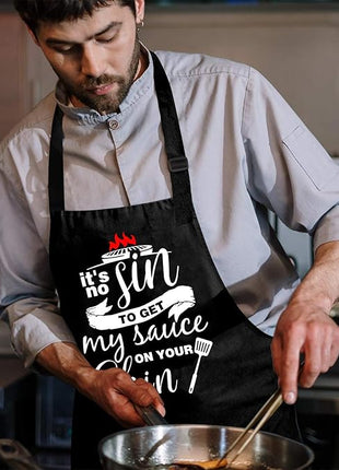 ZOORON Funny Black Chef Aprons for Men Adjustable BBQ Grill Kitchen Cooking Aprons with Pockets, Grill Accessories