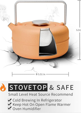 Toptier Teapot with Removable Infuser, Cast Iron Tea Kettle Stovetop Safe, Solid Geometry Cylinder Design Tea Pot Coated with Enameled Interior for 27 Ounce (800 ml), Yellow to Orange