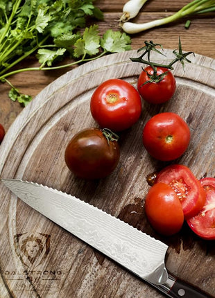 Dalstrong Serrated Chef Knife - 7.5 inch - Shogun Series Elite - Damascus - Japanese AUS-10V Super Steel - Razor Sharp Chef's Knife - Black G10 Handle - w/Sheath