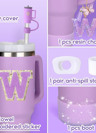 Mity rain 6PCS Cup Accessories Set for Stanley Cup 30oz 40oz tumbler with handle, Including Silicone Straw Topper Cover Cap and Boot, Spill Proof Stopper, Handle Charm, Initials Sticker (Letter W)