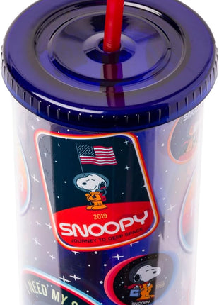 Silver Buffalo Peanuts Space Traveling Patches Featuing Snoopy Plastic Tall Cold Cup with Lid and Straw, 20 Ounces