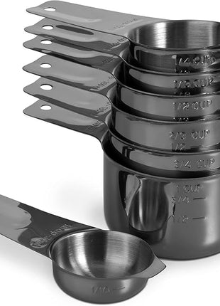 Set of 7 Heavy Duty Measuring Cups, 18/8 Stainless Steel with Ring Connector, Dark Grey