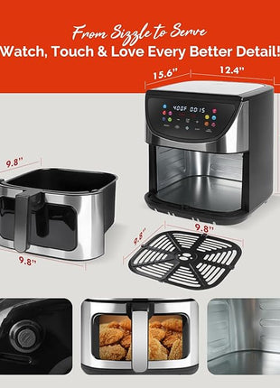 8.5QT Air Fryer, View Window, Multifunctional Large Family Size Capacity for 4-8 People, Stainless Steel Square Basket, 10-in-1 Smart Digital Presets for Air frying, Bake, Roast, Reheat