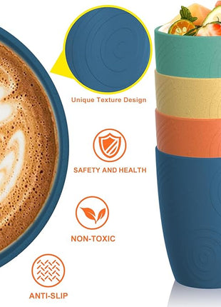 Homienly Wheat Straw Cups Alternative to Plastic Cups Set of 4 Premium Drinking Glasses - 12 OZ, Unbreakable Drinking Cups, Dishwasher & Microwave Safe Tumbler Cups for Kitchen, Kids, Picnic - Multi