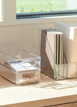mDesign Small Plastic Office Storage Container Bins w/Handles for Organization in Filing Cabinet, Closet Shelf, Desk Drawers, Organizer for Notes, Pens, Pencils - Ligne Collection, 2 Pack - Clear