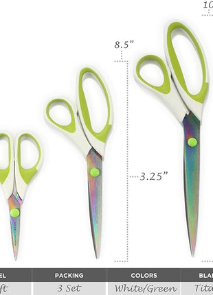 BambooMN Titanium Softgrip Scissors Set for Sewing, Arts, Crafts, Office - 30 Sets of 3 - White w/Green Inlays