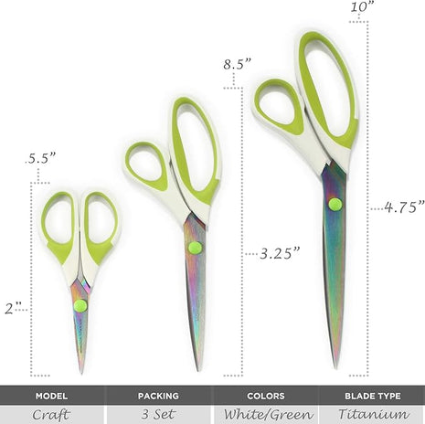 BambooMN Titanium Softgrip Scissors Set for Sewing, Arts, Crafts, Office - 30 Sets of 3 - White w/Green Inlays