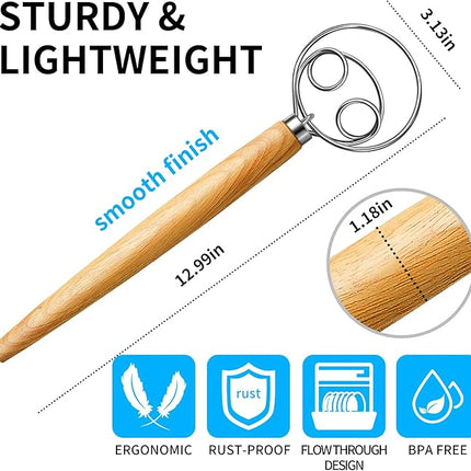 TEEVEA Danish Dough Whisk Stainless Steel Dough Hook Dutch Whisk for Sourdough Bread Dough Mixer Hand Wooden Handle Kitchen Whisking Mixing Tool Bread Making Tools and Supplies