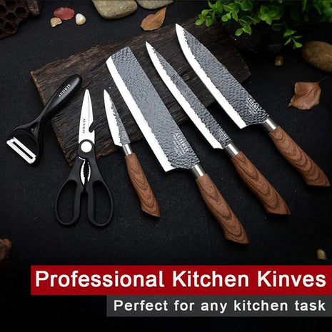 6 Pieces Professional Kitchen Knives Set With Giftbox, High Carbon Stainless Steel Forged Kitchen Knife Set, Sharp Chef Knife Set For Chef Cooking Paring Cutting Slicing (High Carbon Black)