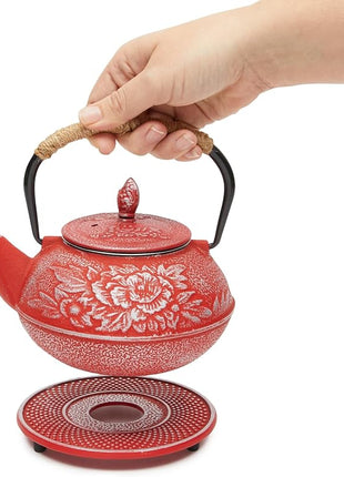 Juvale Japanese Cast Iron Teapot with Infuser - Red, 27 oz (800 ml), 3-Pc Teapot Set - Stovetop Kettle for Loose Leaf Brewing - Removable Stainless Steel Infuser & Trivet Included