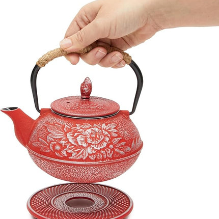 Juvale Japanese Cast Iron Teapot with Infuser - Red, 27 oz (800 ml), 3-Pc Teapot Set - Stovetop Kettle for Loose Leaf Brewing - Removable Stainless Steel Infuser & Trivet Included
