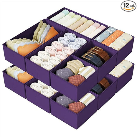DIMJ Drawer Organizers Clothes, Set of 12 Dresser Organizer Bins, Fabric Closet Organizers and Storage, Shallow Drawer Dividers for Nursery, Clothing, Baby Clothes, Socks, Underwears, Tie (Purple)