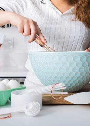 White Silicone and Copper Kitchen Utensils Set with Holder - 17-Piece Rose Gold Cooking Tools for Nonstick Cookware, with Measuring Cups, Spoons, & Utensil Holder - Stylish Copper Kitchen Accessories