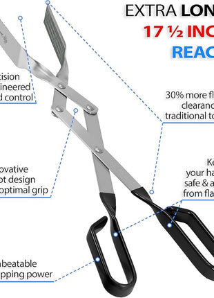 Shark BBQ Grill Tongs - 17 inch Black. Professional steak grilling utensil. Long reach Barbeque Grilling Tongs. Ideal for steak, fish, burger, and sausage