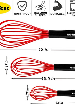 Anaeat Silicone Whisk, Thick Stainless Steel Wire Inner - Heat Resistant Kitchen Whisks for Non-Stick Cookware, Balloon Egg Beater for Whisking, Blending, Beating, Frothing & Stirring (Red)