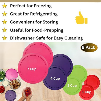 1, 2, 4 & 7 Cup Red, Spring Green, Purple, Pink Replacement Lids/Covers for Pyrex, Anchor Hocking & KlareWare Storage Bowls *Lids Only Glass Container Not Included* (8 Pack *Two of Each Size*)