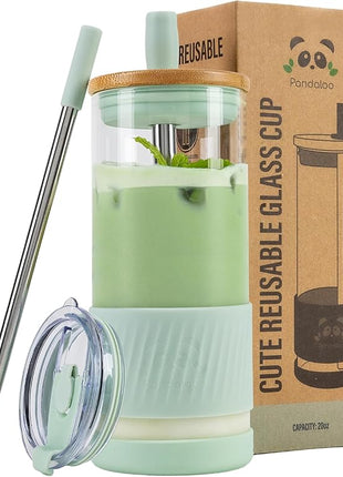 Pandaloo® Glass Cups With Lids and Straws -20 Fl Oz- Perfect Size Iced Coffee Cup - Smoothie Cup With Bamboo Lid and On the go Lid (Sweet Sage, 1 Count (Pack of 1)
