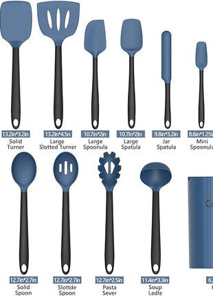 Coukre Silicone Kitchen Cooking Utensils Set with Holder – Heat-Resistant, Food-Grade Kitchen Tools, Spatula, Spoon & Gadgets for Non-Stick Pans, Dishwasher Safe (14, DarkBlue)