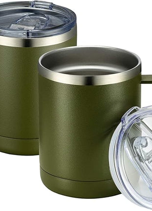 MEWAY 12oz Coffee Mug With Handle 2 Pack Bulk,Stainless Steel Insulated Travel Tumblers With Sliding Lid,Double Wall Vacuum Camping Cup for Hot & Cold Drinks Tea (Army Green,Set of 2)