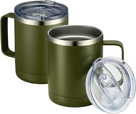 MEWAY 12oz Coffee Mug With Handle 2 Pack Bulk,Stainless Steel Insulated Travel Tumblers With Sliding Lid,Double Wall Vacuum Camping Cup for Hot & Cold Drinks Tea (Army Green,Set of 2)