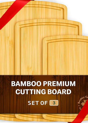 Bambüsi Wood Cutting Boards for Kitchen - Bamboo Cutting Board Set with Deep Juice Groove & Side Handles - Chopping Board Butcher Block for Meat, Vegetables, Charcuterie, Cheese, Serving, or Meal Prep