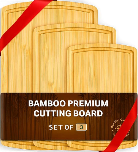 Bambüsi Wood Cutting Boards for Kitchen - Bamboo Cutting Board Set with Deep Juice Groove & Side Handles - Chopping Board Butcher Block for Meat, Vegetables, Charcuterie, Cheese, Serving, or Meal Prep