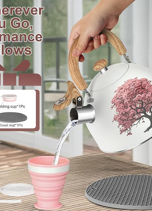 ARC Stainless Steel 2-Quart Whistling Milk White Tea Kettle with Magic Color Changing Design, Stovetop Teapot With Folding Cup & Trivet Mat