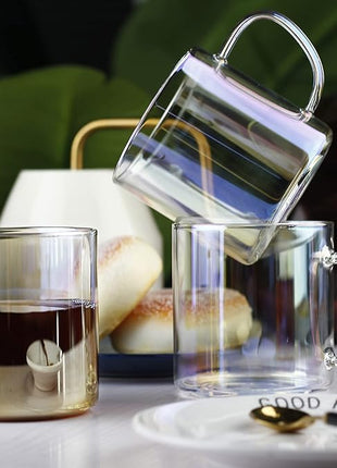 LUXU 4pcs Set Simple Glass Coffee Mugs-Hand Blown&Seamless Design,14 oz Amber Coffee Cups-Heat Resistant and Explosion-Proof,Lightweight Tea Mugs with Anti Scald Handle Ideal for Home,Cafe,Coffee Bar