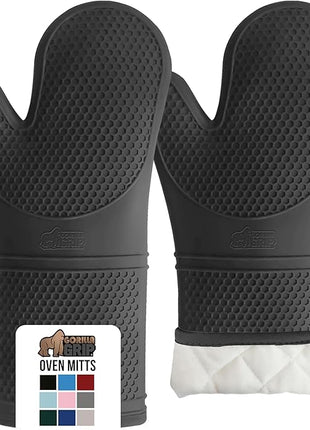 GORILLA GRIP BPA-Free Soft Silicone Oven Mitts, 14.5x8.3, Heat Resistant and Waterproof Cooking Gloves, Thick Cotton Lining, Flexible Gripping for Baking Grilling, Kitchen Potholders Set of 2, Black