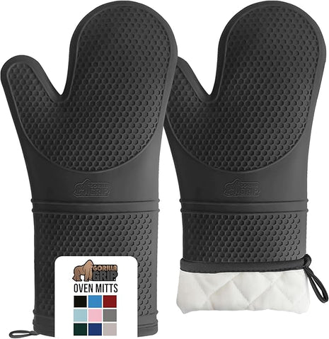 GORILLA GRIP BPA-Free Soft Silicone Oven Mitts, 14.5x8.3, Heat Resistant and Waterproof Cooking Gloves, Thick Cotton Lining, Flexible Gripping for Baking Grilling, Kitchen Potholders Set of 2, Black