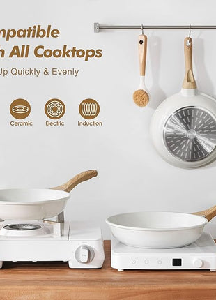 SENSARTE Nonstick Frying Pan Skillets, White Ceramic Coating Omelette Pans, Healthy Cookware Chef's Pan, Free of PTFE & PFAS (9.5+11+12.5 Inch)