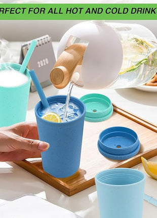 10 oz Wheat Straw Cups with Lids and Silicone Straws, Unbreakable Drinking Glasses, Plastic Cups for Kitchen, Small Tumbler Cups with Cleaning Brush, BPA Free, Dishwasher & Microwave Safe, 6 Pack