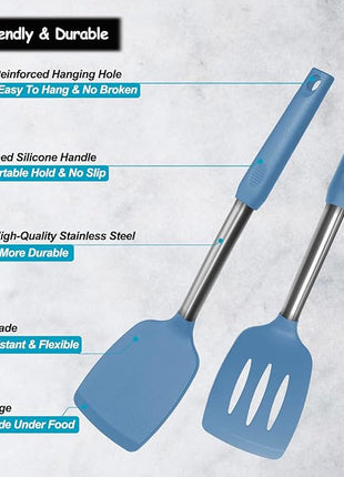 Silicone Spatula and Cooking Spoon,5 Pack Solid & Slotted Spoons and Spatulas High Heat resitant for Kitchen, Stainless Steel Handle Coated with Silicone, Non Stick Utensil, Starry blue