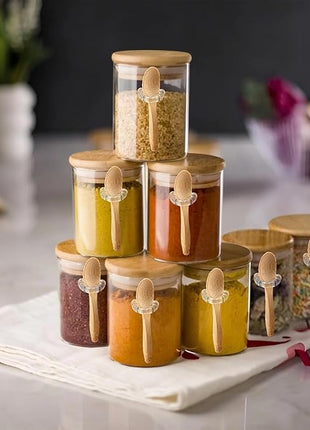 Spice Jars with Label 7oz Glass Storage Containers with Lids and Spoon Small Glass Jars for Overnight Oats Cereal Containers Storage Meal Prep Jars for Sugar Yogurt Chia Pudding Salt Candy 8pcs