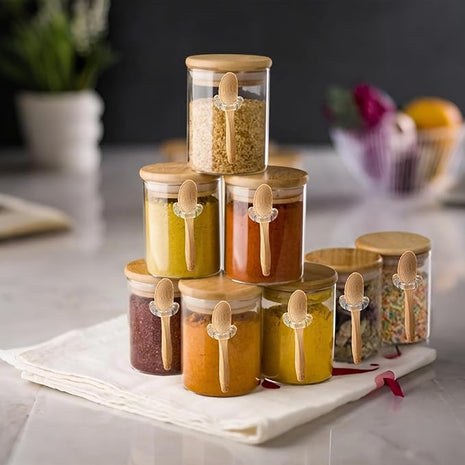 Spice Jars with Label 7oz Glass Storage Containers with Lids and Spoon Small Glass Jars for Overnight Oats Cereal Containers Storage Meal Prep Jars for Sugar Yogurt Chia Pudding Salt Candy 8pcs
